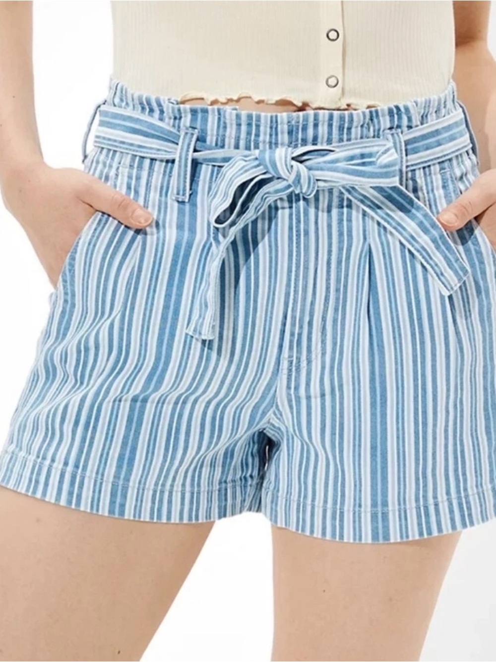 High-Rise Blue Stripe Paperbag Shorts with Tie Belt